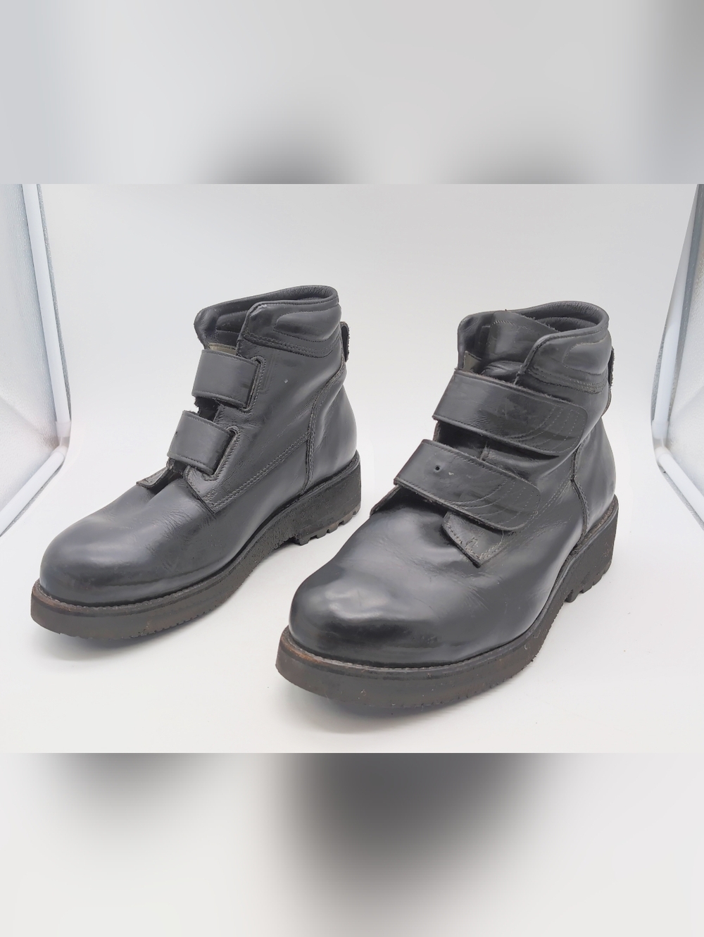 Vintage Chippewa 1131 Sz 12 Men's Black Leather Hook And Loop Strap Biker Boots